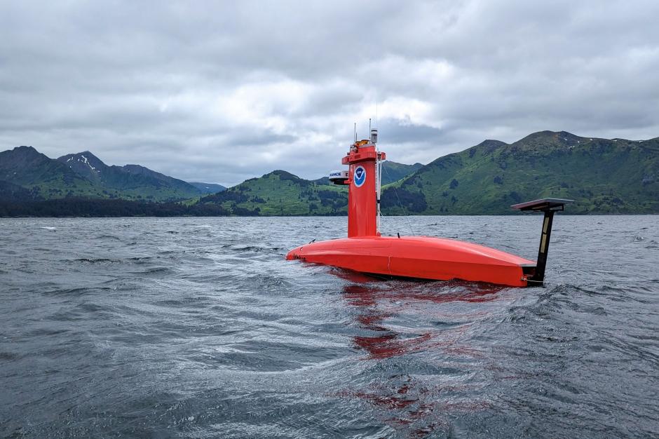 A red DriX uncrewed surface vehicle